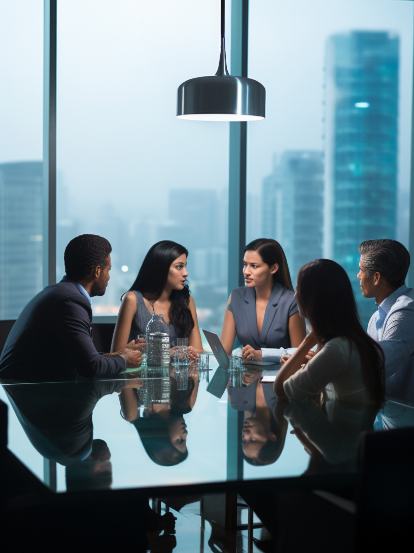 Five professionals in meeting with city view.