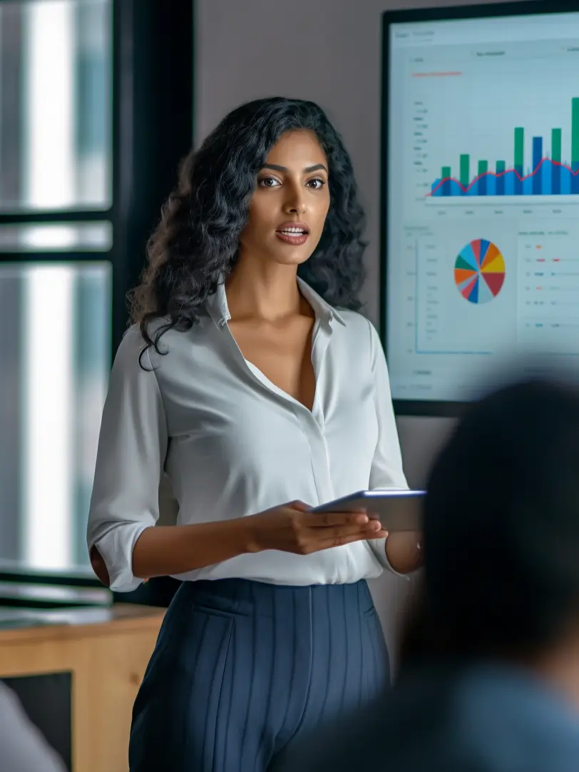 A woman presents, holding tablet, with charts.