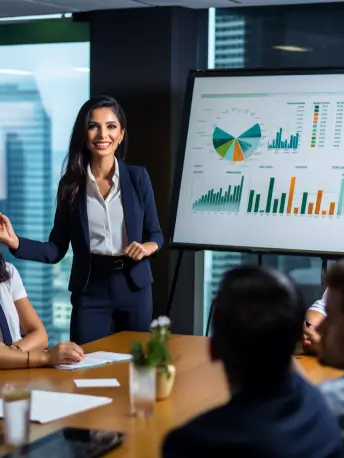 A professional woman presents data with charts.
