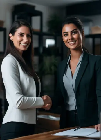 Two professional women shake hands, smiling.